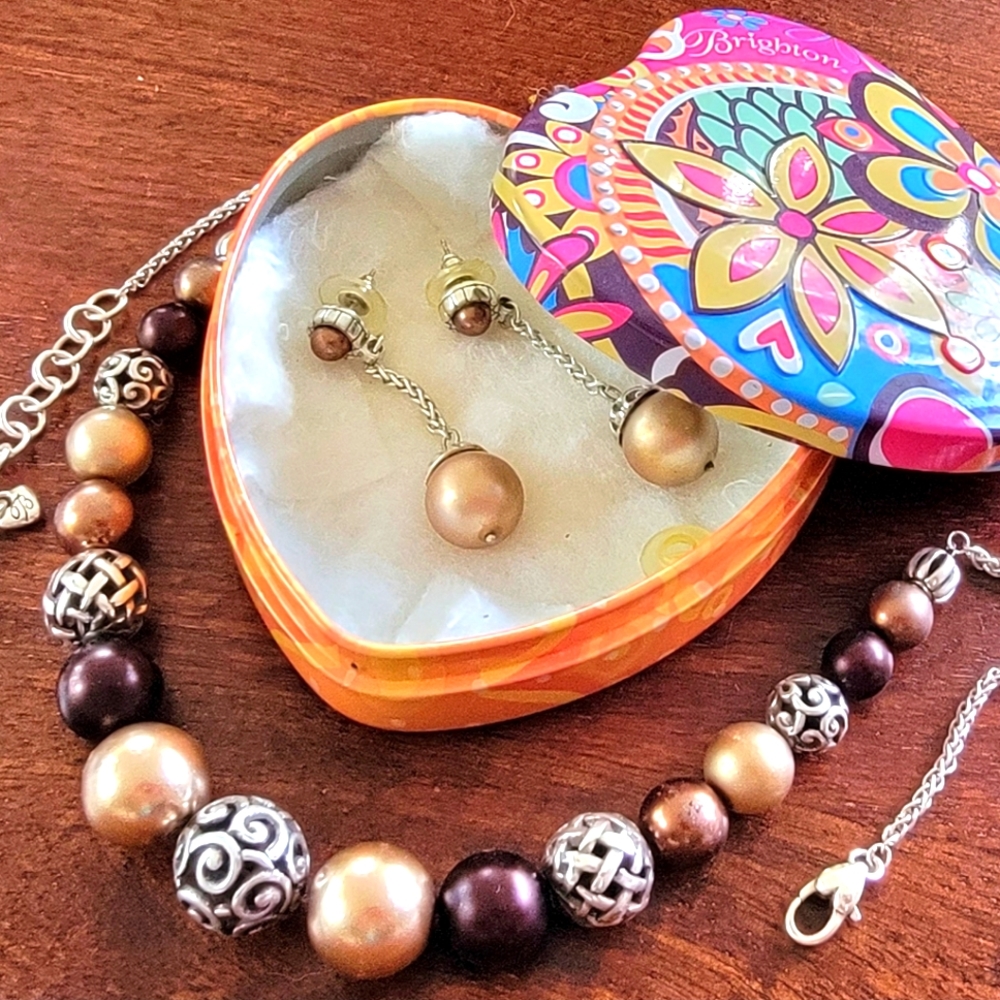 Brighton Corteo Bronze, Silver, and Champagne Bead Necklace and Earrings